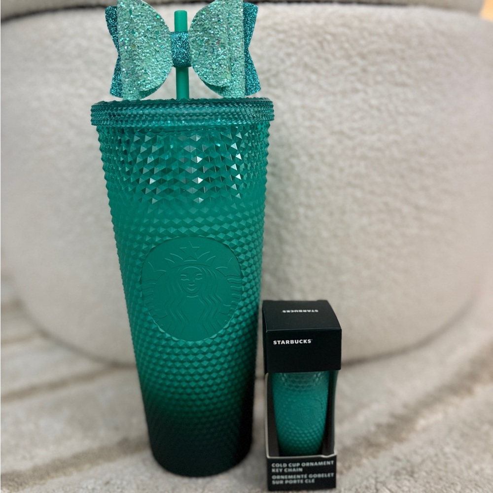 Starbucks Emerald Green Textured Tumbler with Glitter Bow and matching keychain